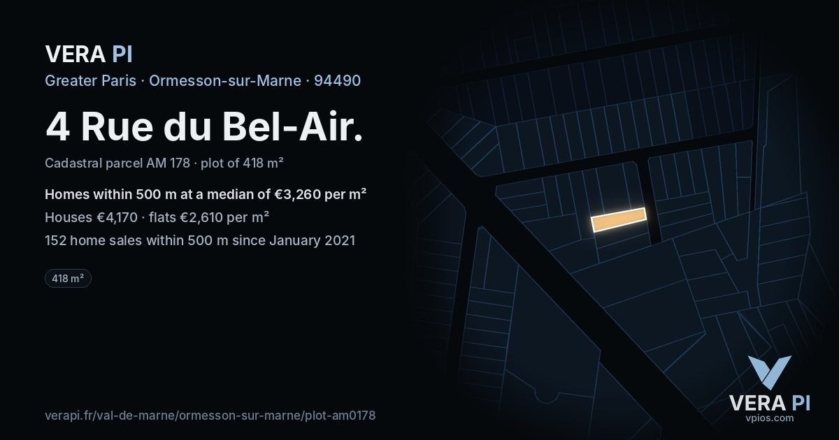 4 Rue du Bel-Air, Ormesson-sur-Marne at night – the plot lit, the parcels around coloured by the prices near them