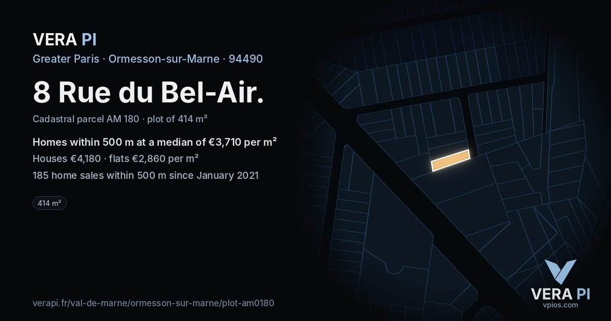 8 Rue du Bel-Air, Ormesson-sur-Marne at night – the plot lit, the parcels around coloured by the prices near them