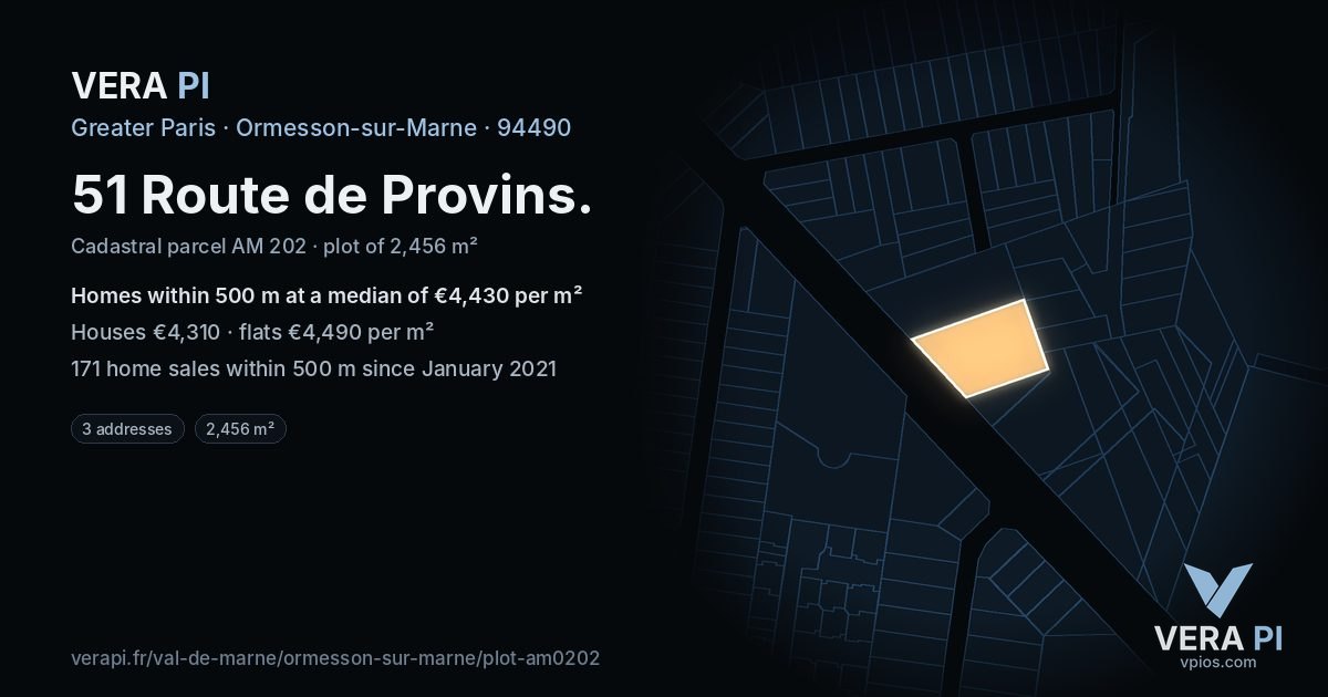 51 Route de Provins, Ormesson-sur-Marne at night – the plot lit, the parcels around coloured by the prices near them