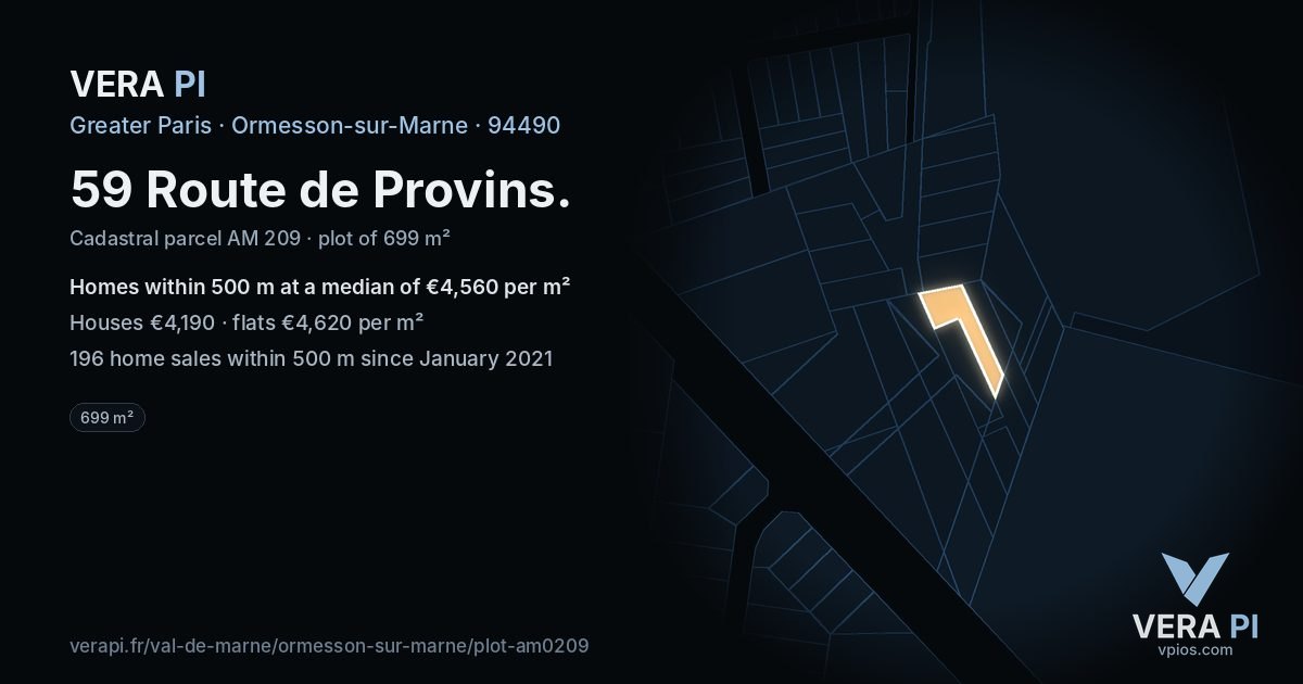 59 Route de Provins, Ormesson-sur-Marne at night – the plot lit, the parcels around coloured by the prices near them