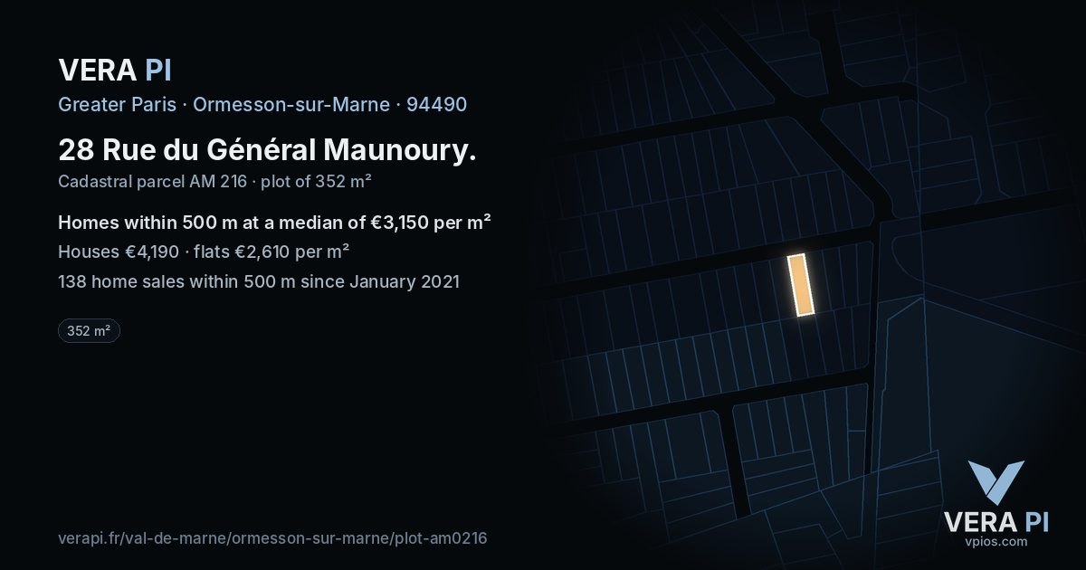 28 Rue du Général Maunoury, Ormesson-sur-Marne at night – the plot lit, the parcels around coloured by the prices near them