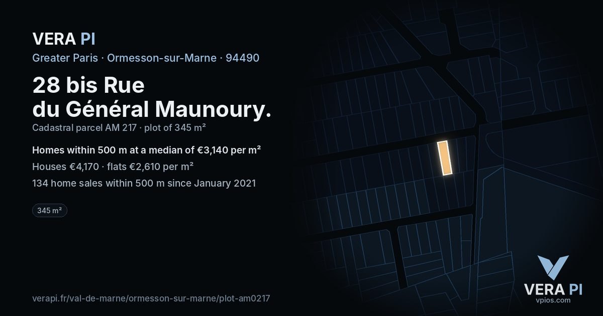 28 bis Rue du Général Maunoury, Ormesson-sur-Marne at night – the plot lit, the parcels around coloured by the prices near them