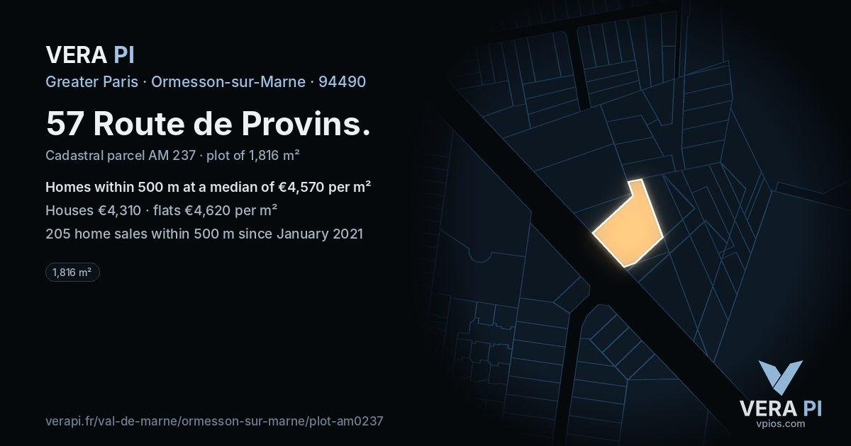 57 Route de Provins, Ormesson-sur-Marne at night – the plot lit, the parcels around coloured by the prices near them