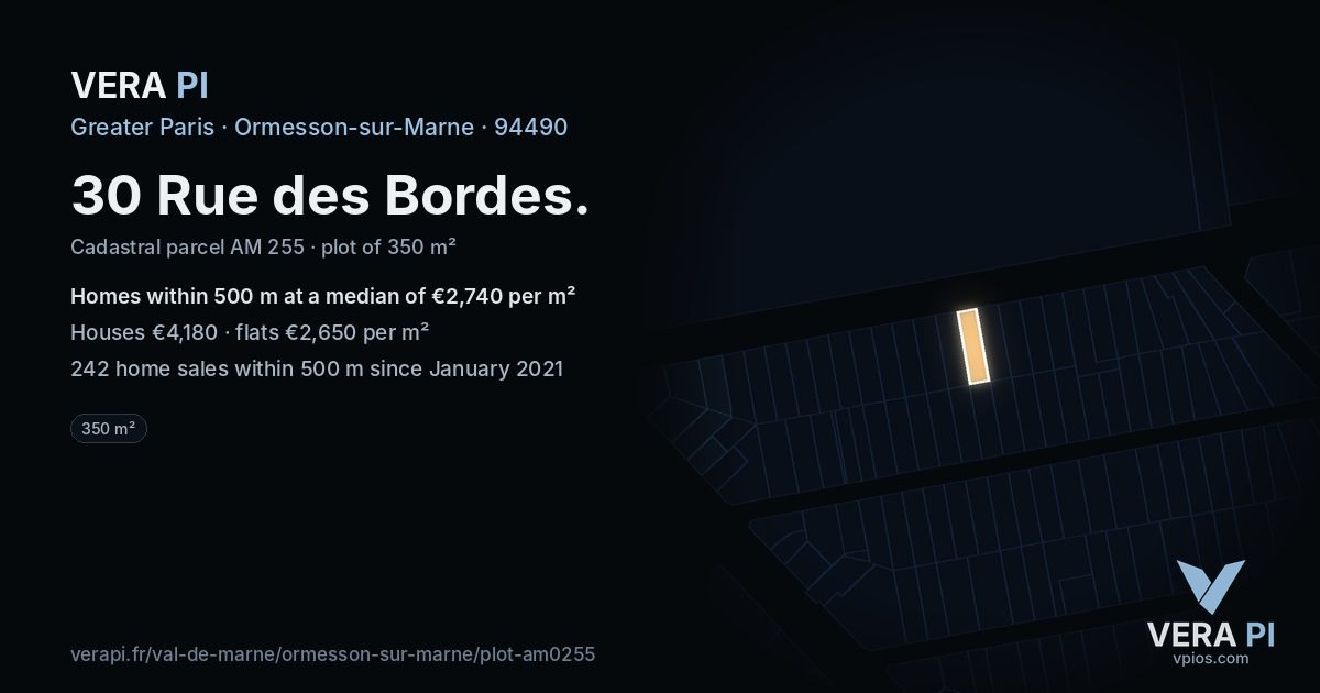 30 Rue des Bordes, Ormesson-sur-Marne at night – the plot lit, the parcels around coloured by the prices near them