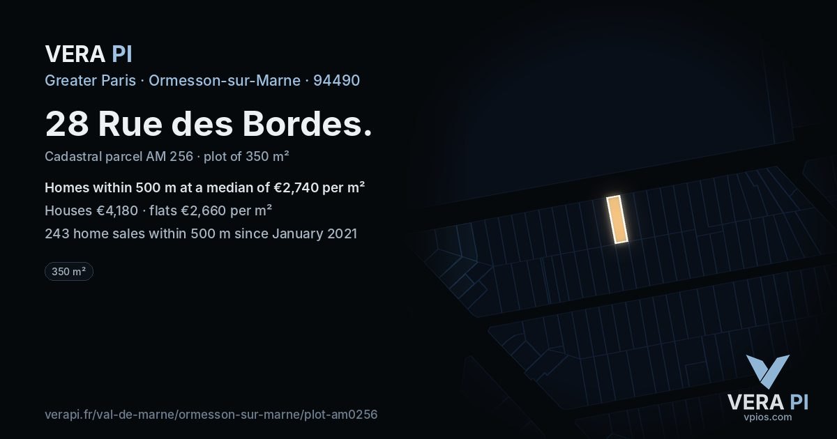 28 Rue des Bordes, Ormesson-sur-Marne at night – the plot lit, the parcels around coloured by the prices near them