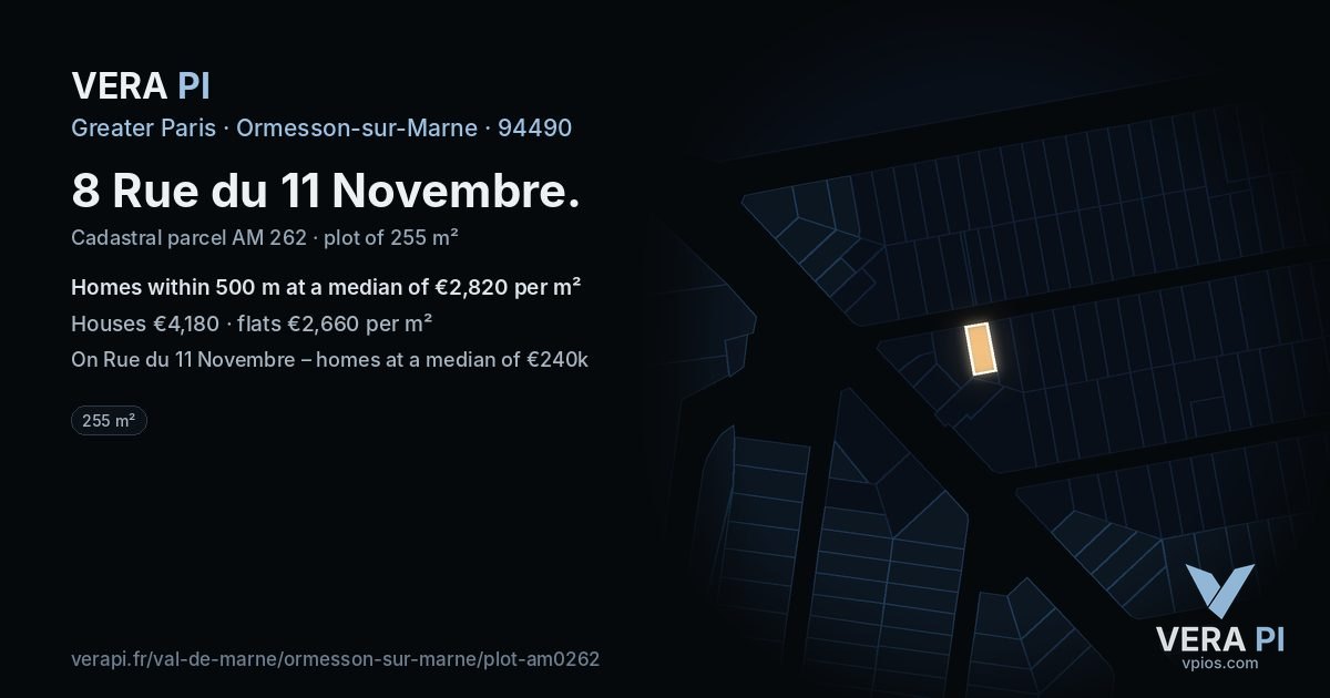 8 Rue du 11 Novembre, Ormesson-sur-Marne at night – the plot lit, the parcels around coloured by the prices near them