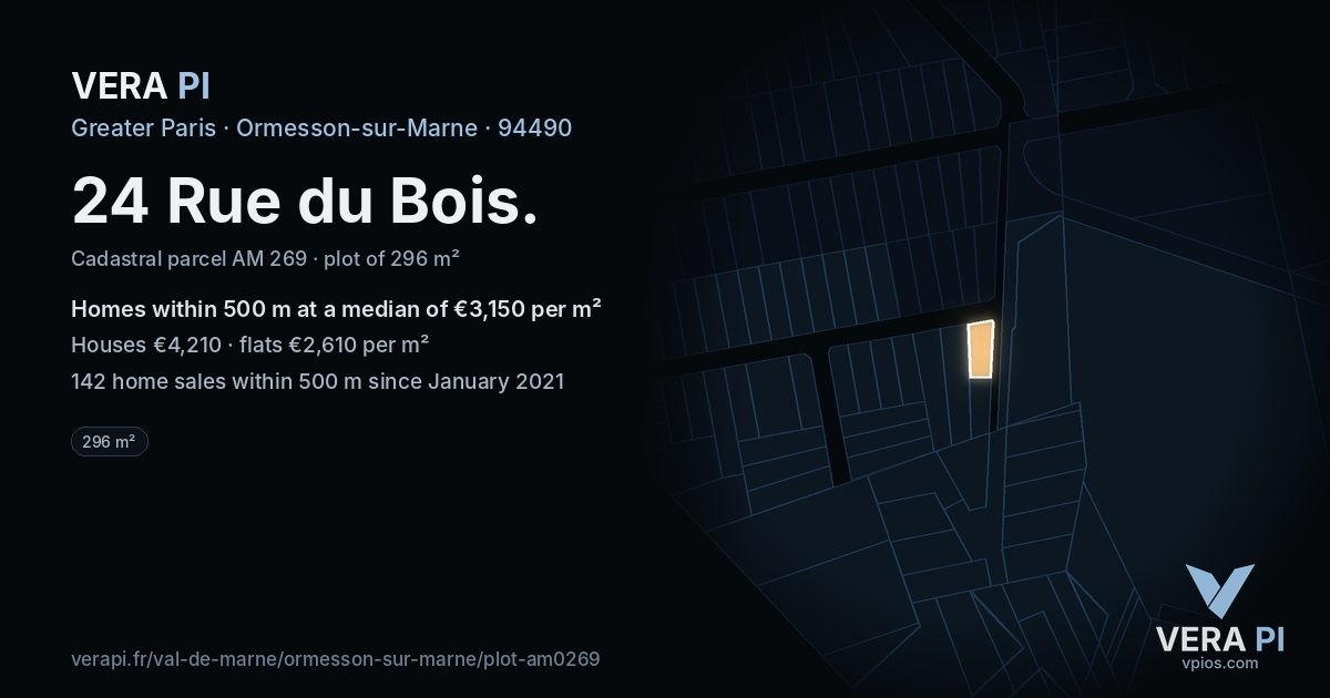 24 Rue du Bois, Ormesson-sur-Marne at night – the plot lit, the parcels around coloured by the prices near them