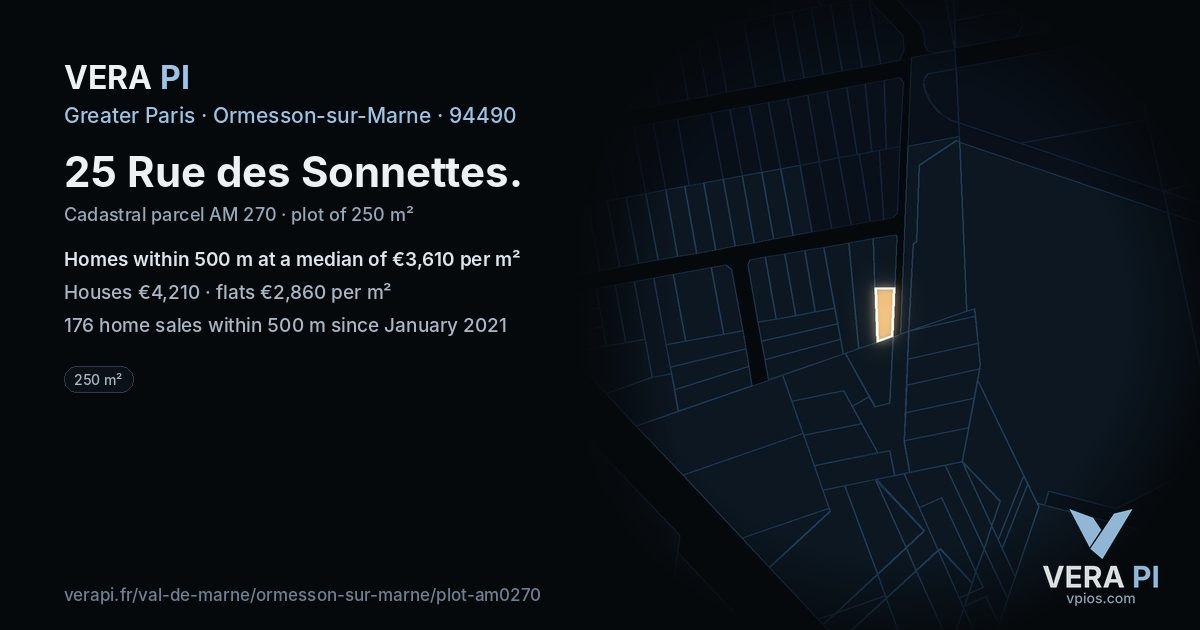 25 Rue des Sonnettes, Ormesson-sur-Marne at night – the plot lit, the parcels around coloured by the prices near them