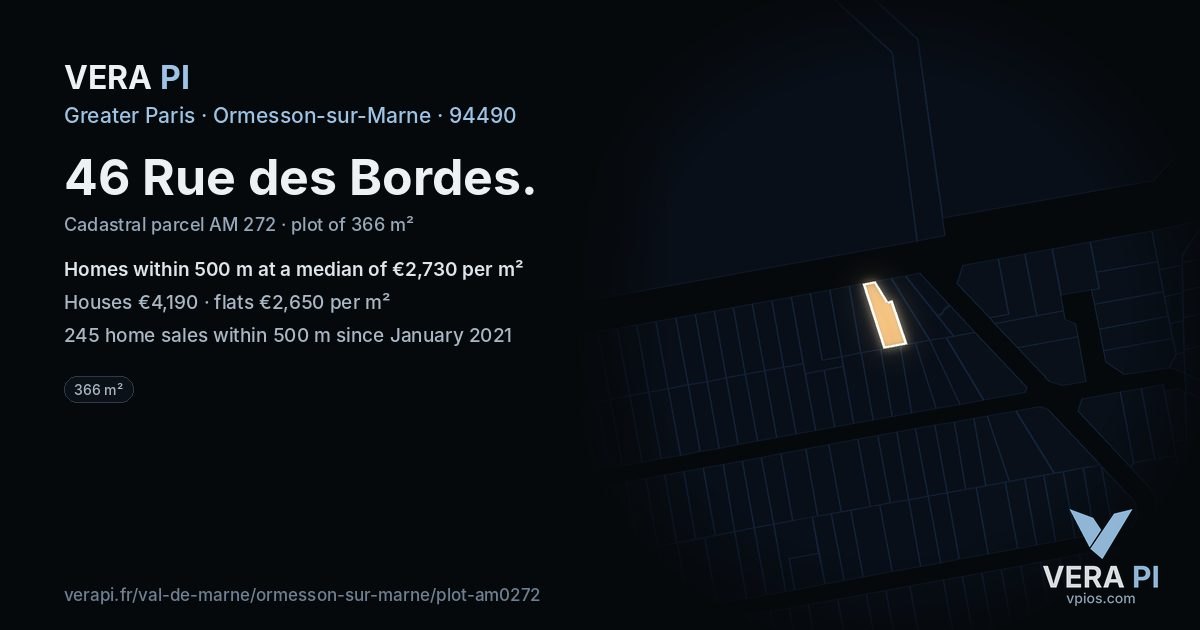 46 Rue des Bordes, Ormesson-sur-Marne at night – the plot lit, the parcels around coloured by the prices near them