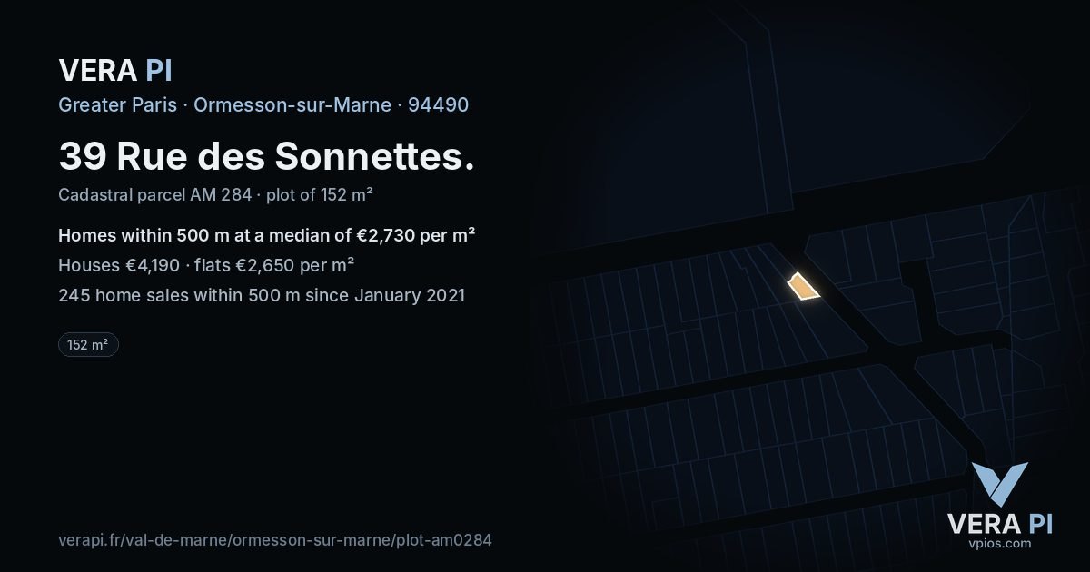39 Rue des Sonnettes, Ormesson-sur-Marne at night – the plot lit, the parcels around coloured by the prices near them