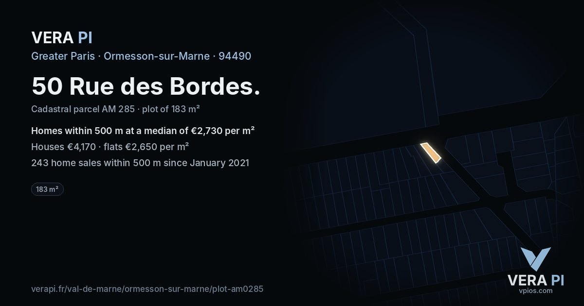 50 Rue des Bordes, Ormesson-sur-Marne at night – the plot lit, the parcels around coloured by the prices near them