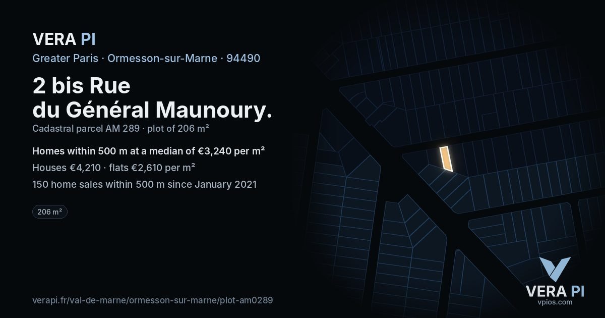2 bis Rue du Général Maunoury, Ormesson-sur-Marne at night – the plot lit, the parcels around coloured by the prices near them