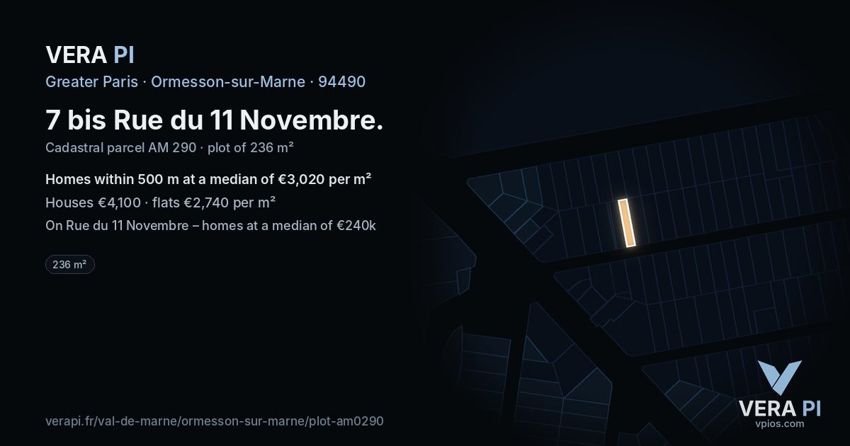 7 bis Rue du 11 Novembre, Ormesson-sur-Marne at night – the plot lit, the parcels around coloured by the prices near them