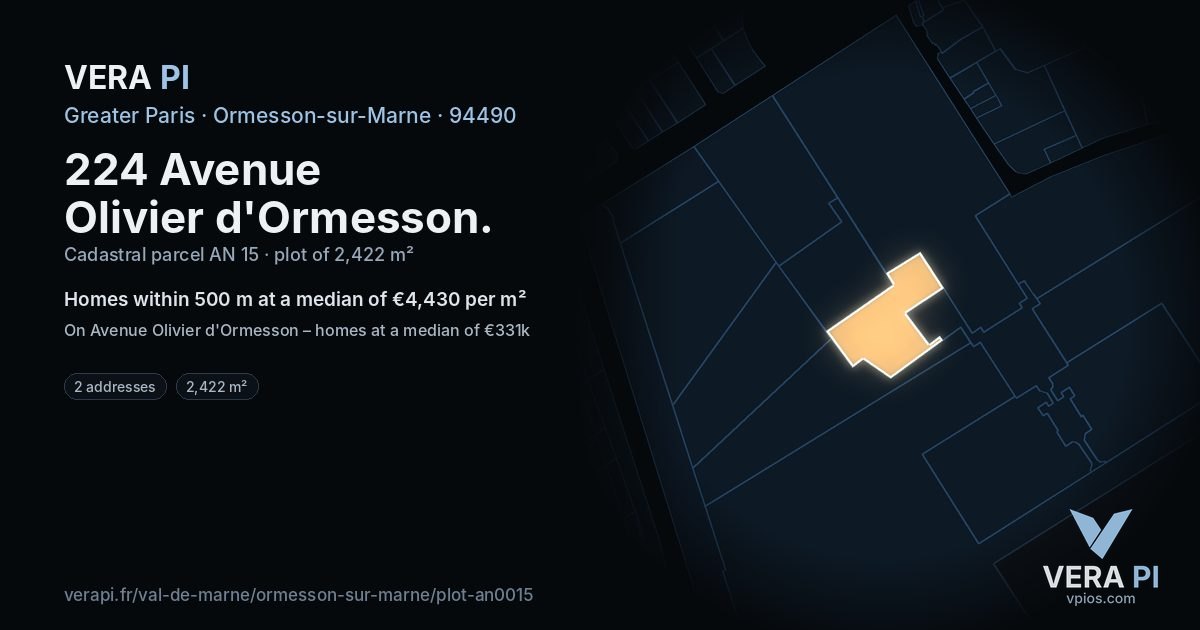 224 Avenue Olivier d'Ormesson, Ormesson-sur-Marne at night – the plot lit, the parcels around coloured by the prices near them