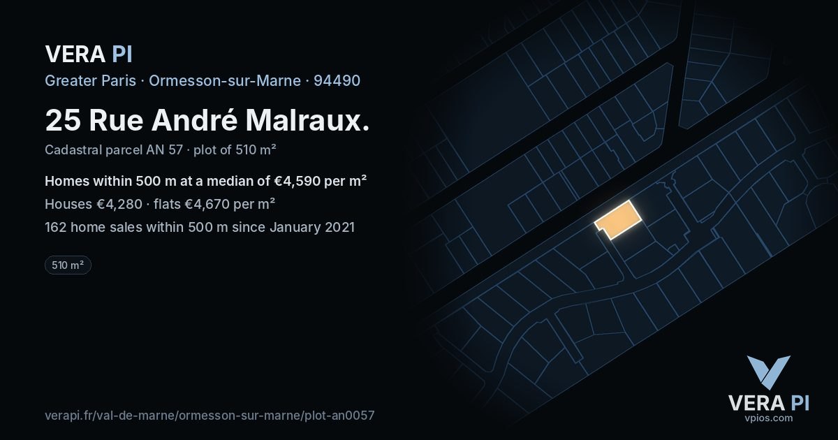 25 Rue André Malraux, Ormesson-sur-Marne at night – the plot lit, the parcels around coloured by the prices near them