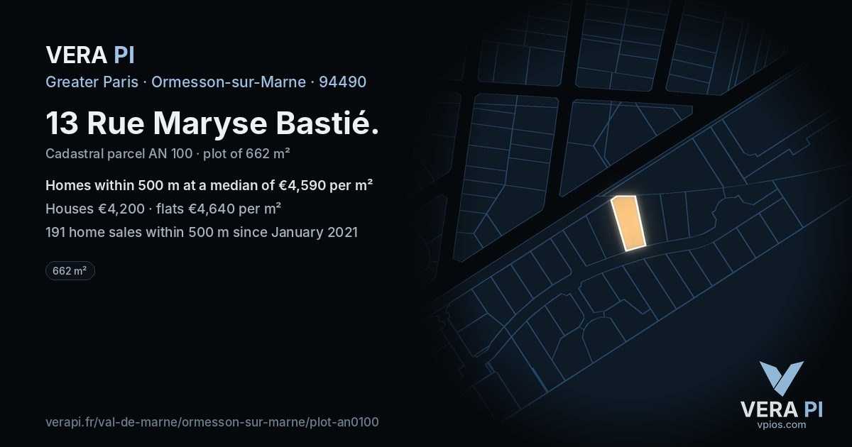 13 Rue Maryse Bastié, Ormesson-sur-Marne at night – the plot lit, the parcels around coloured by the prices near them