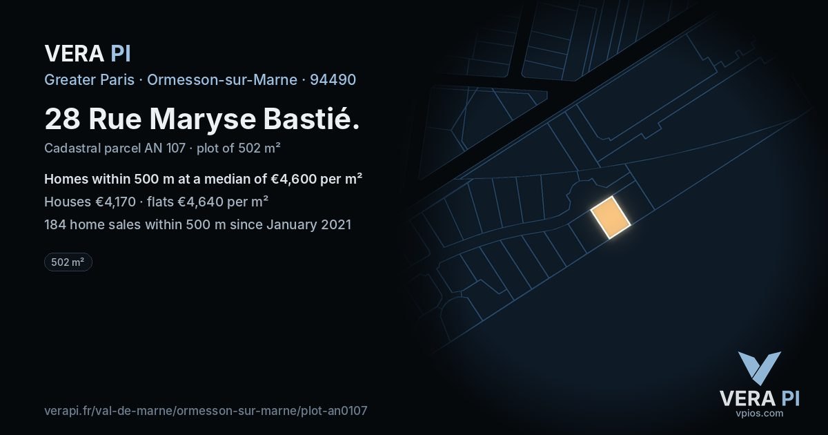 28 Rue Maryse Bastié, Ormesson-sur-Marne at night – the plot lit, the parcels around coloured by the prices near them