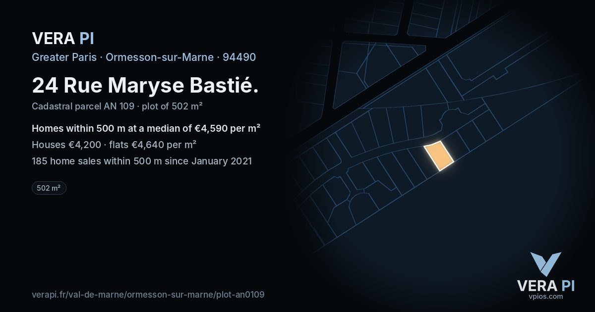 24 Rue Maryse Bastié, Ormesson-sur-Marne at night – the plot lit, the parcels around coloured by the prices near them