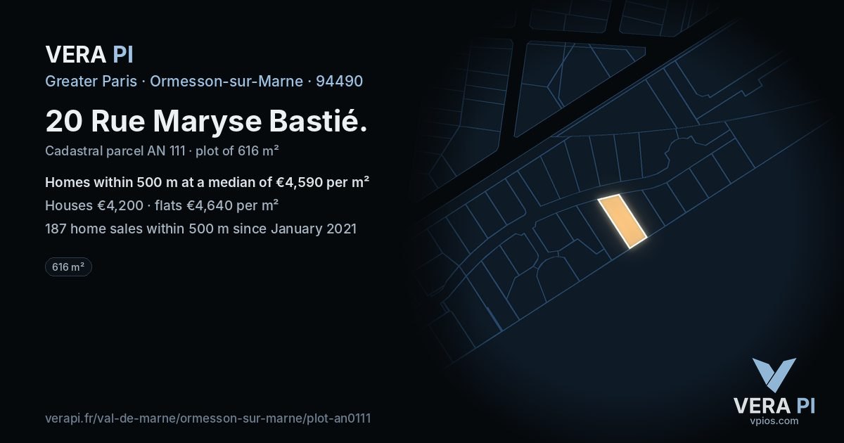 20 Rue Maryse Bastié, Ormesson-sur-Marne at night – the plot lit, the parcels around coloured by the prices near them