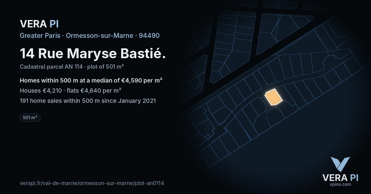 14 Rue Maryse Bastié, Ormesson-sur-Marne at night – the plot lit, the parcels around coloured by the prices near them