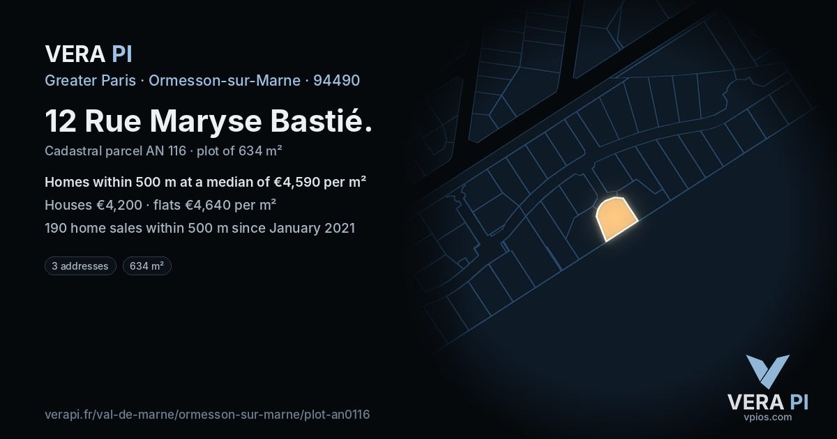 12 Rue Maryse Bastié, Ormesson-sur-Marne at night – the plot lit, the parcels around coloured by the prices near them