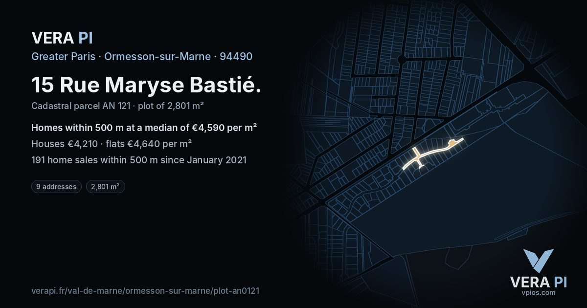 15 Rue Maryse Bastié, Ormesson-sur-Marne at night – the plot lit, the parcels around coloured by the prices near them