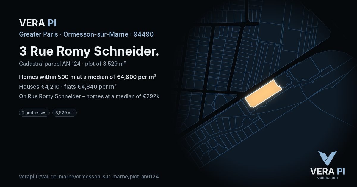 3 Rue Romy Schneider, Ormesson-sur-Marne at night – the plot lit, the parcels around coloured by the prices near them