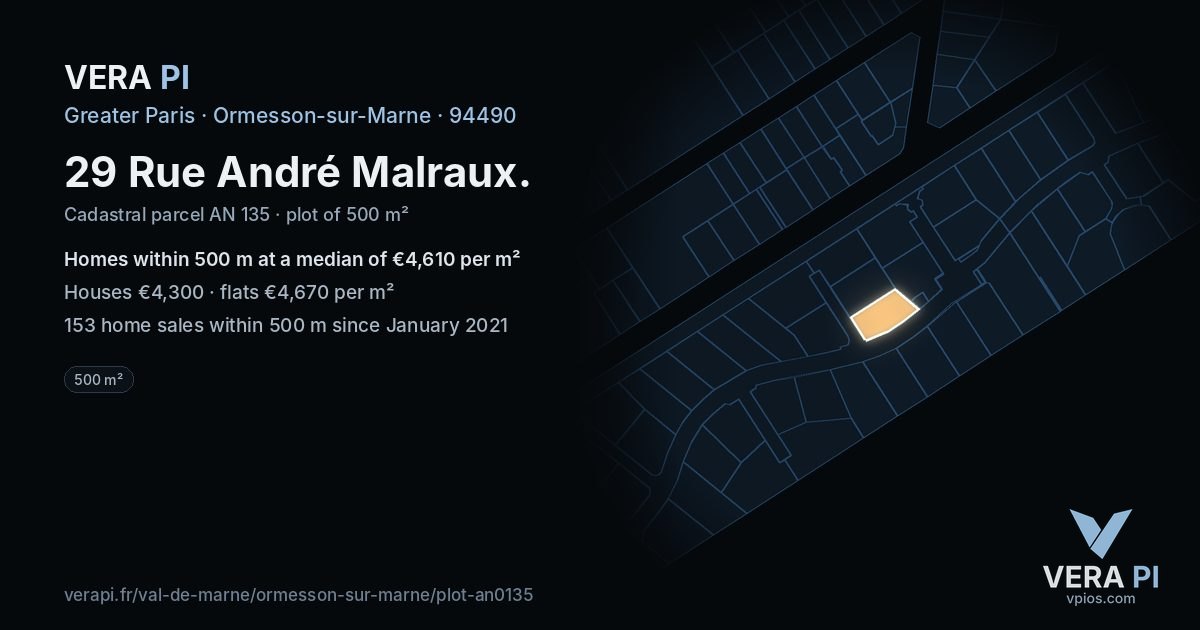 29 Rue André Malraux, Ormesson-sur-Marne at night – the plot lit, the parcels around coloured by the prices near them