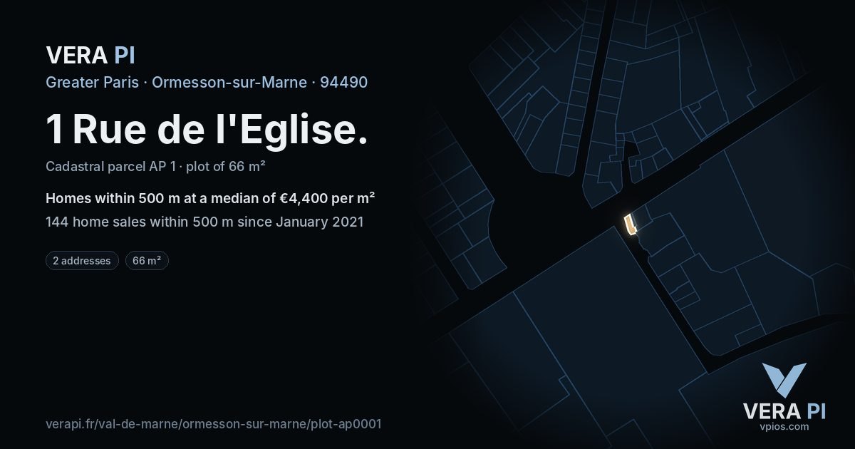 1 Rue de l'Eglise, Ormesson-sur-Marne at night – the plot lit, the parcels around coloured by the prices near them