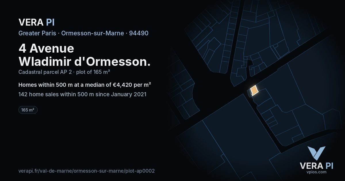4 Avenue Wladimir d'Ormesson, Ormesson-sur-Marne at night – the plot lit, the parcels around coloured by the prices near them
