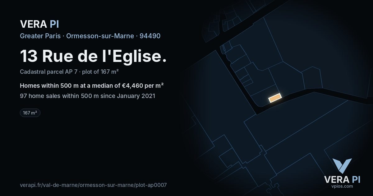 13 Rue de l'Eglise, Ormesson-sur-Marne at night – the plot lit, the parcels around coloured by the prices near them