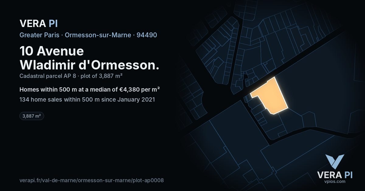 10 Avenue Wladimir d'Ormesson, Ormesson-sur-Marne at night – the plot lit, the parcels around coloured by the prices near them