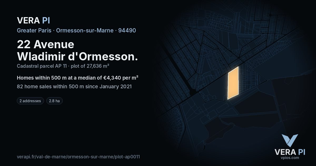 22 Avenue Wladimir d'Ormesson, Ormesson-sur-Marne at night – the plot lit, the parcels around coloured by the prices near them