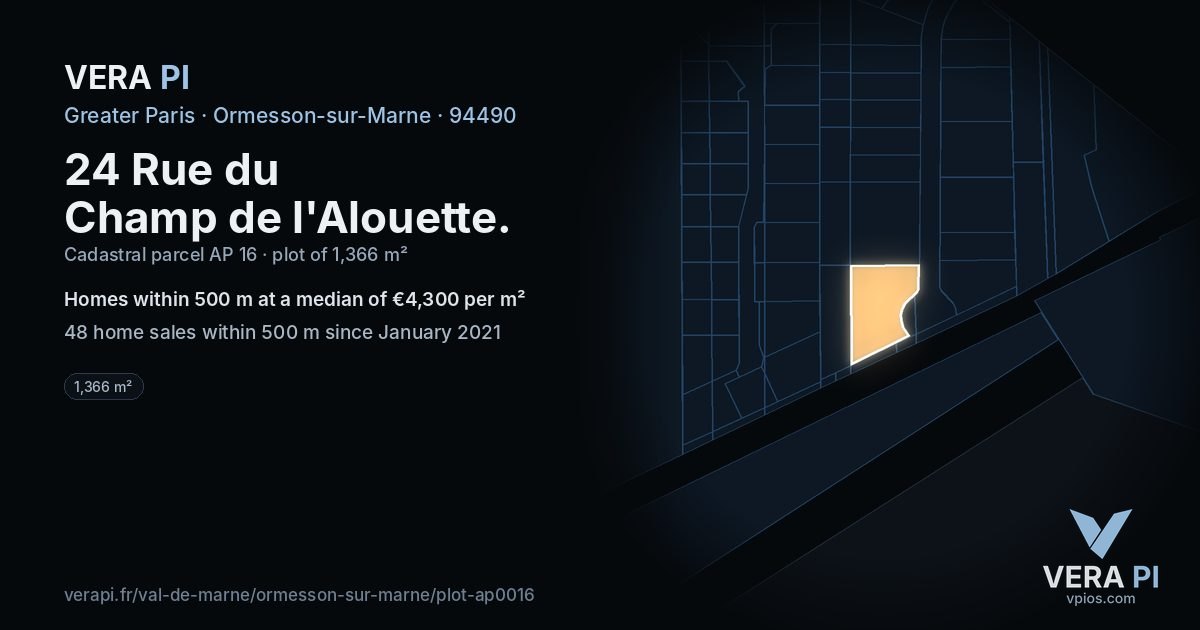 24 Rue du Champ de l'Alouette, Ormesson-sur-Marne at night – the plot lit, the parcels around coloured by the prices near them