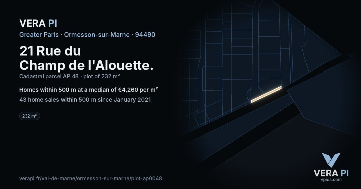 21 Rue du Champ de l'Alouette, Ormesson-sur-Marne at night – the plot lit, the parcels around coloured by the prices near them