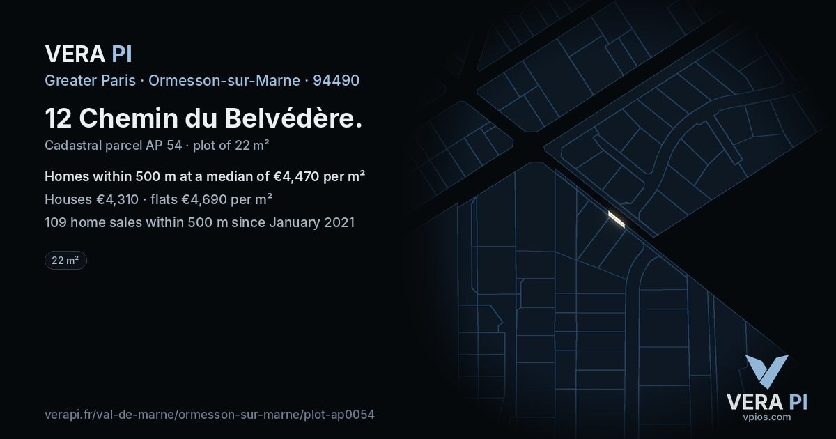 12 Chemin du Belvédère, Ormesson-sur-Marne at night – the plot lit, the parcels around coloured by the prices near them