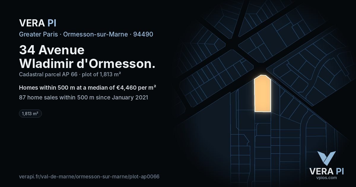 34 Avenue Wladimir d'Ormesson, Ormesson-sur-Marne at night – the plot lit, the parcels around coloured by the prices near them