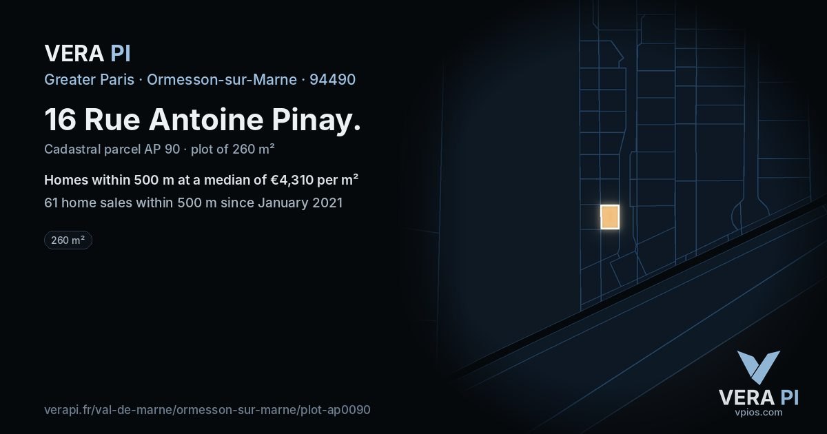 16 Rue Antoine Pinay, Ormesson-sur-Marne at night – the plot lit, the parcels around coloured by the prices near them