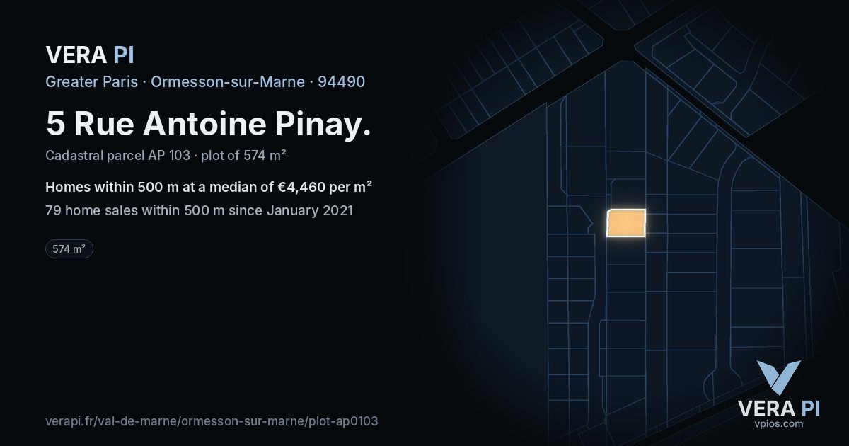 5 Rue Antoine Pinay, Ormesson-sur-Marne at night – the plot lit, the parcels around coloured by the prices near them