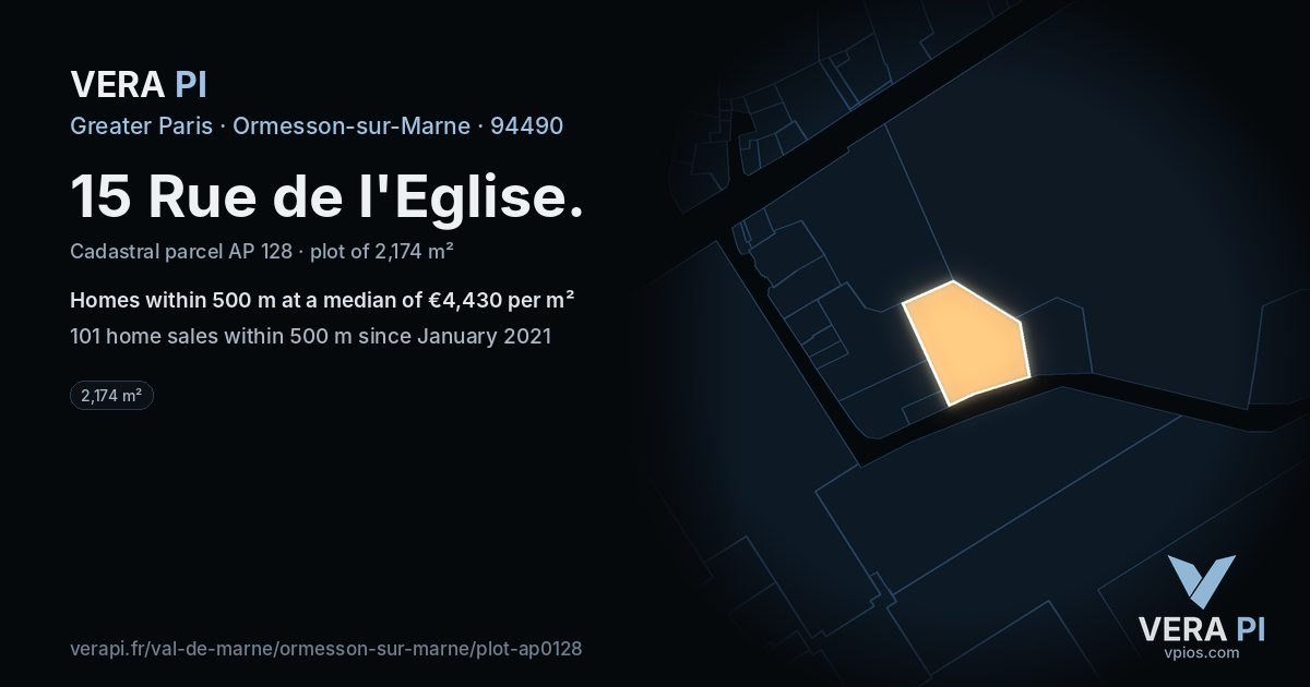 15 Rue de l'Eglise, Ormesson-sur-Marne at night – the plot lit, the parcels around coloured by the prices near them