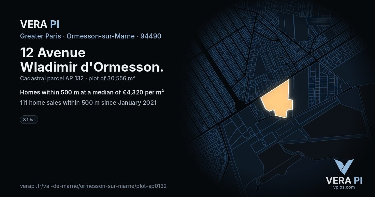 12 Avenue Wladimir d'Ormesson, Ormesson-sur-Marne at night – the plot lit, the parcels around coloured by the prices near them