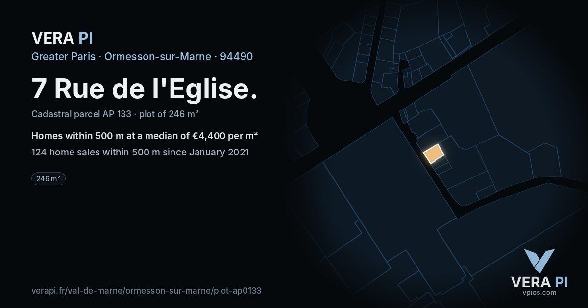7 Rue de l'Eglise, Ormesson-sur-Marne at night – the plot lit, the parcels around coloured by the prices near them