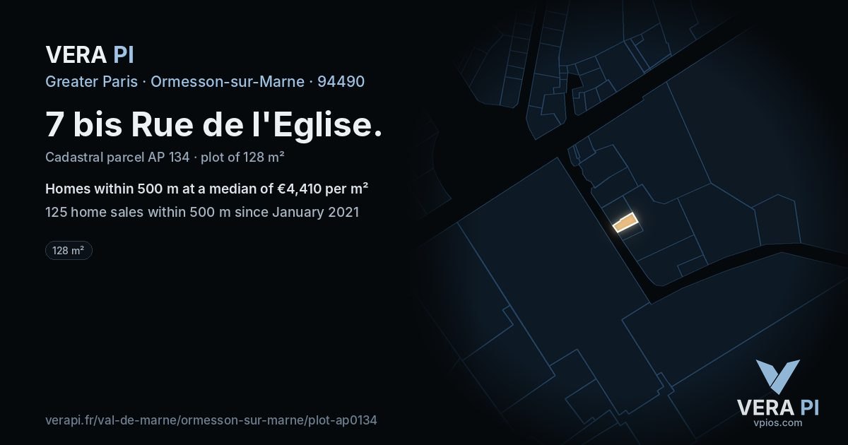 7 bis Rue de l'Eglise, Ormesson-sur-Marne at night – the plot lit, the parcels around coloured by the prices near them