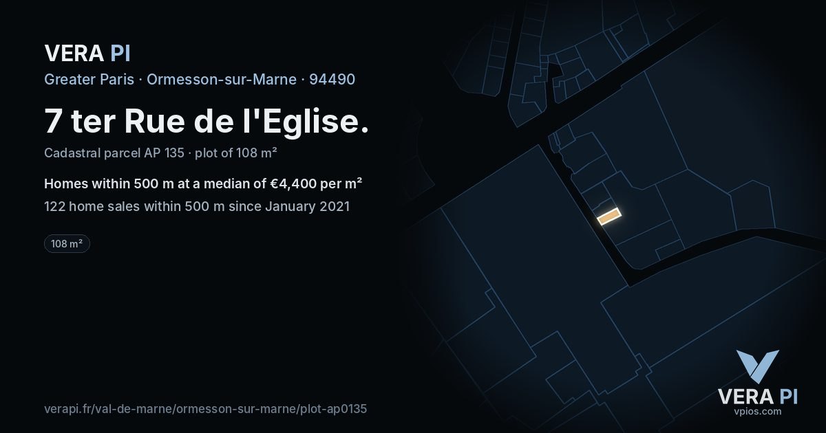 7 ter Rue de l'Eglise, Ormesson-sur-Marne at night – the plot lit, the parcels around coloured by the prices near them
