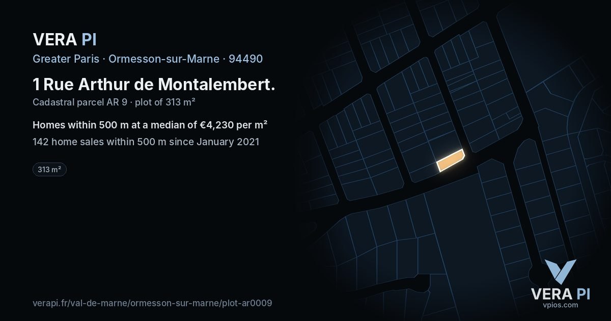 1 Rue Arthur de Montalembert, Ormesson-sur-Marne at night – the plot lit, the parcels around coloured by the prices near them
