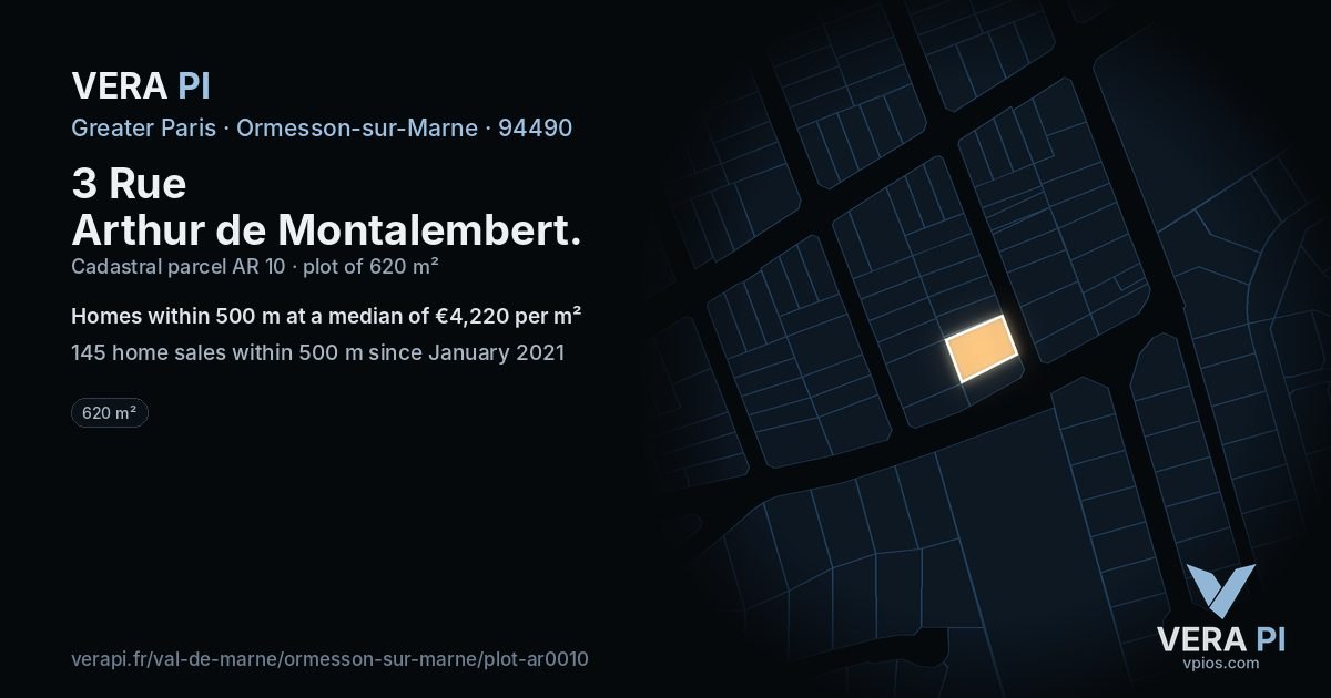 3 Rue Arthur de Montalembert, Ormesson-sur-Marne at night – the plot lit, the parcels around coloured by the prices near them