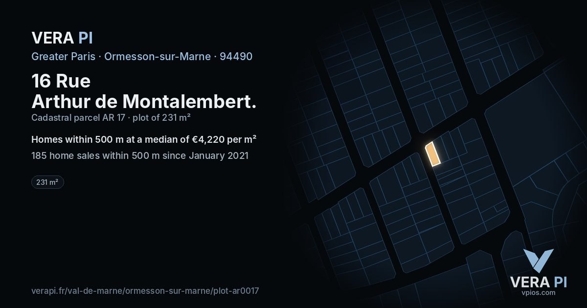 16 Rue Arthur de Montalembert, Ormesson-sur-Marne at night – the plot lit, the parcels around coloured by the prices near them