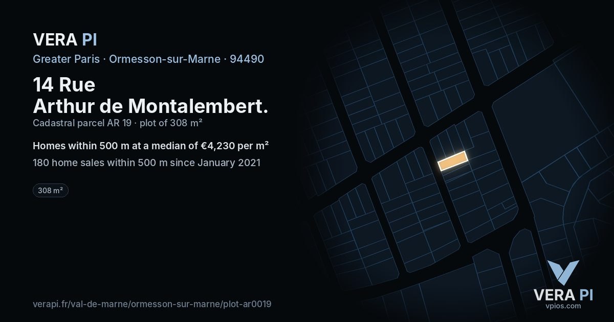 14 Rue Arthur de Montalembert, Ormesson-sur-Marne at night – the plot lit, the parcels around coloured by the prices near them