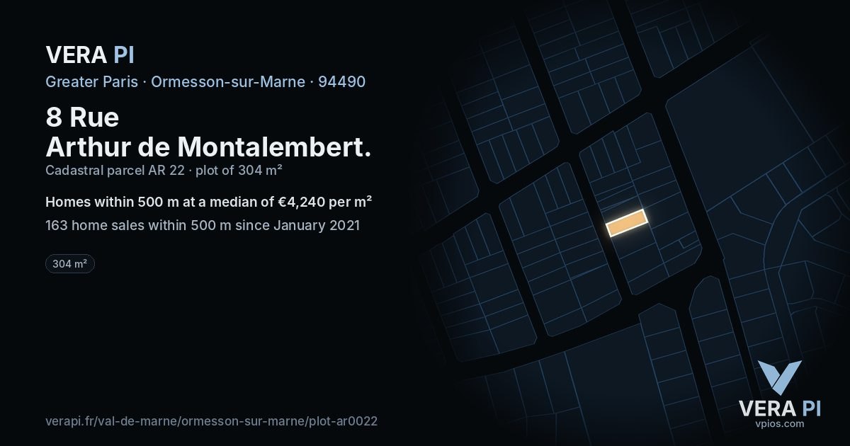 8 Rue Arthur de Montalembert, Ormesson-sur-Marne at night – the plot lit, the parcels around coloured by the prices near them