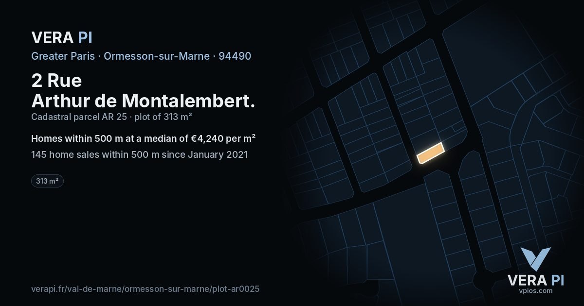 2 Rue Arthur de Montalembert, Ormesson-sur-Marne at night – the plot lit, the parcels around coloured by the prices near them